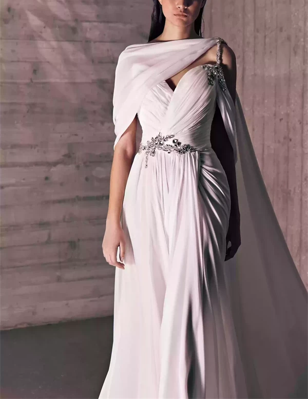 Asymmetrical Silk Draped Mousseline Pure White Dress