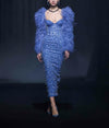 Beaded Denim Dress With Feathered Sleeves