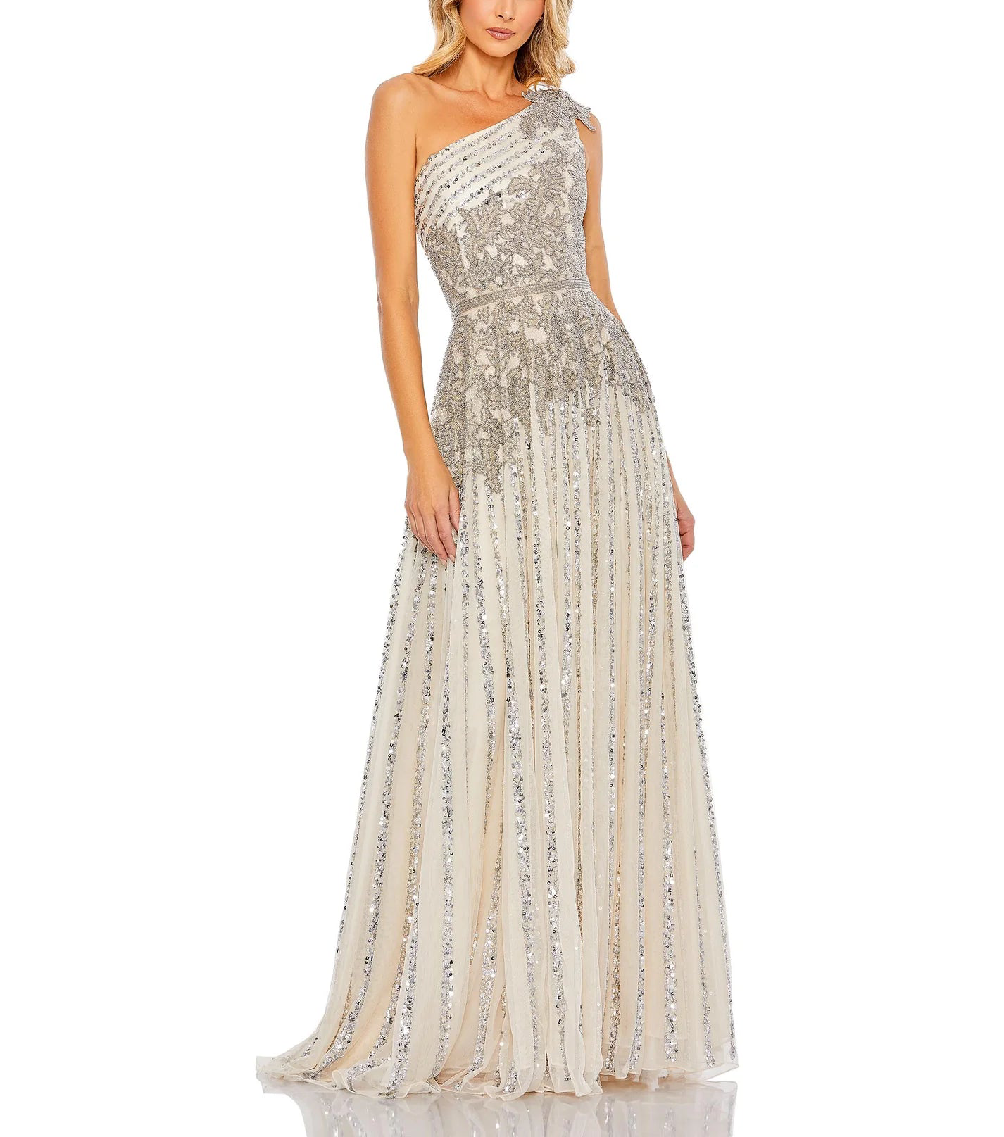 One shoulder evening sales gown with beaded detail