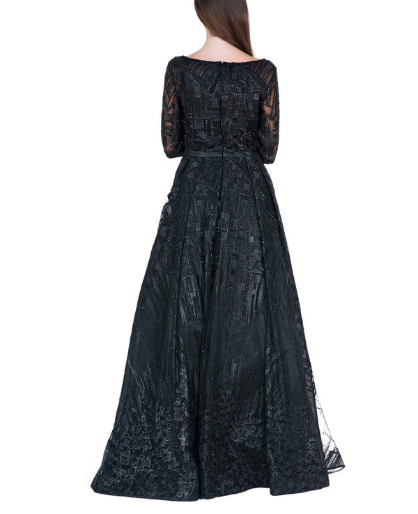 Black Boat Neck Embellished Overall Gown