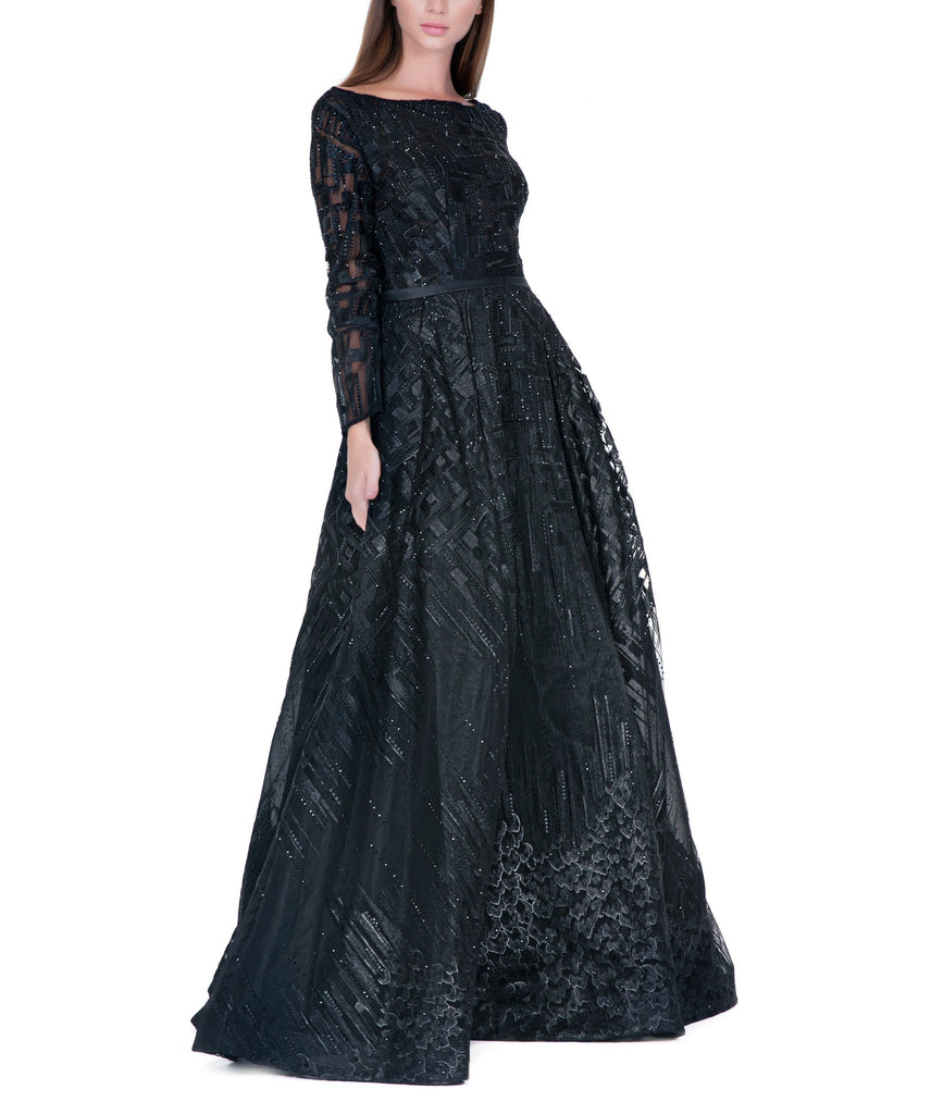 Black Boat Neck Embellished Overall Gown