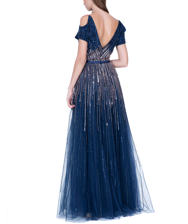 Blue Illusion V-Neck Embroidered Long Dress