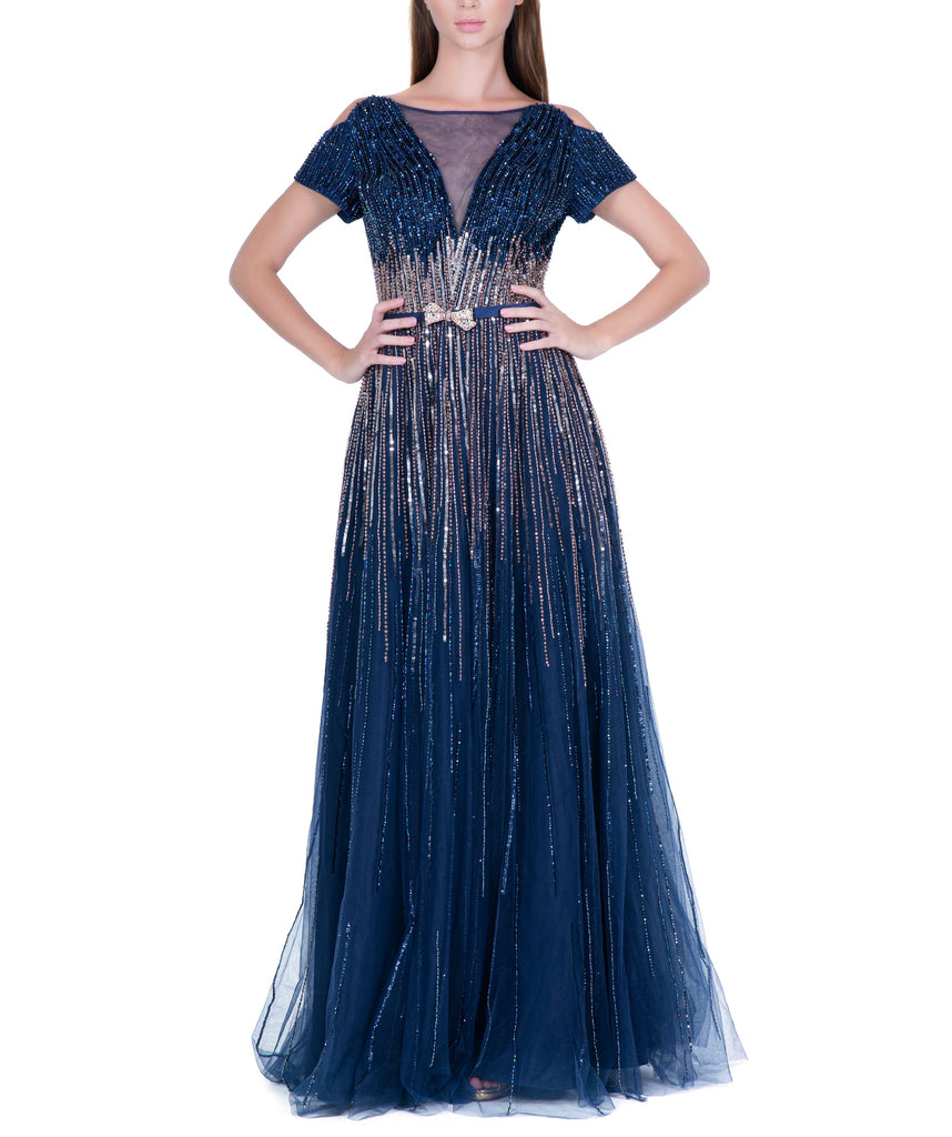 Blue Illusion V-Neck Embroidered Long Dress