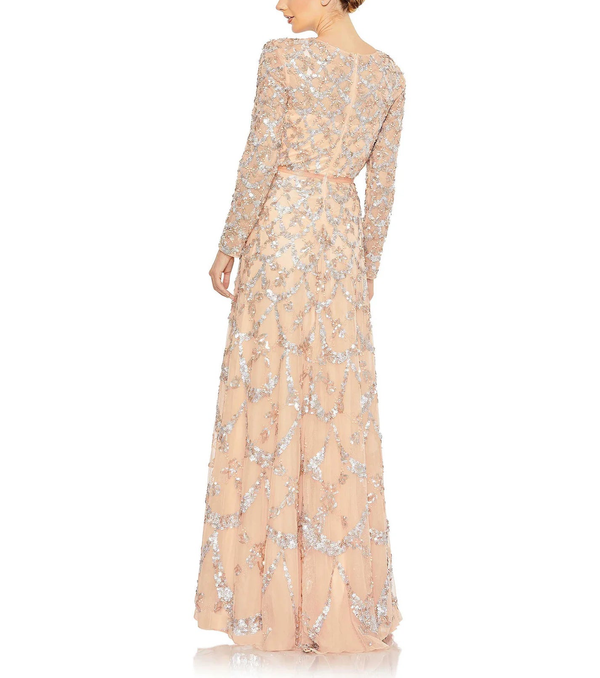 Blush Embellished Illusion High Neck Long Sleeve A Line Gown