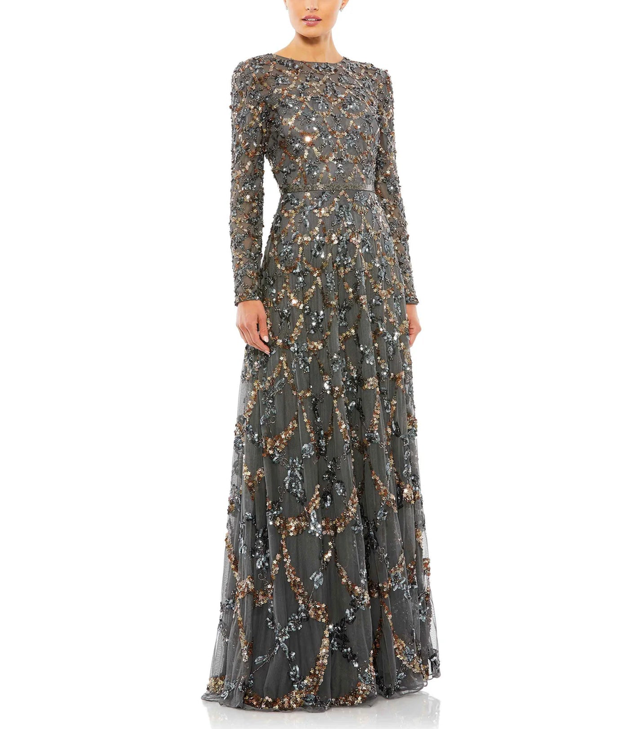 Charcoal Embellished Illusion A Line Gown