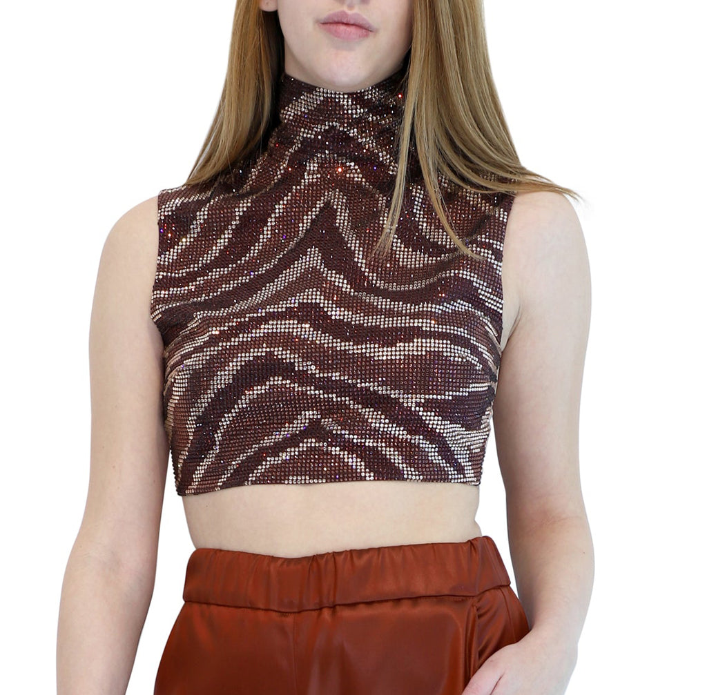 Chocolate Brown Strass Zebra Print Crop Top