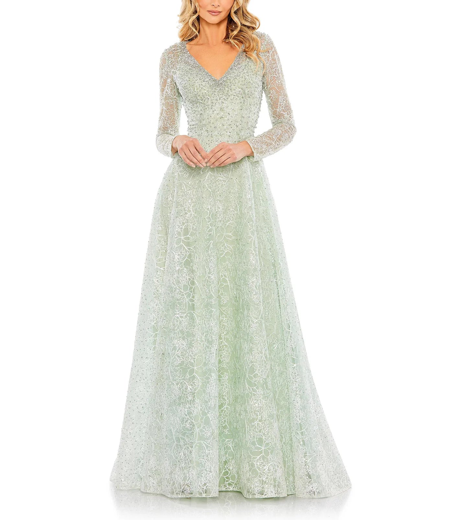 Crystal Embellished Long Sleeve V Neck Gown