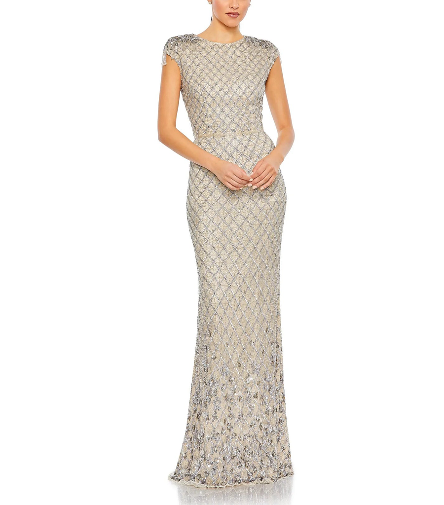 Embellished Crystal Cap Sleeve Column Gown