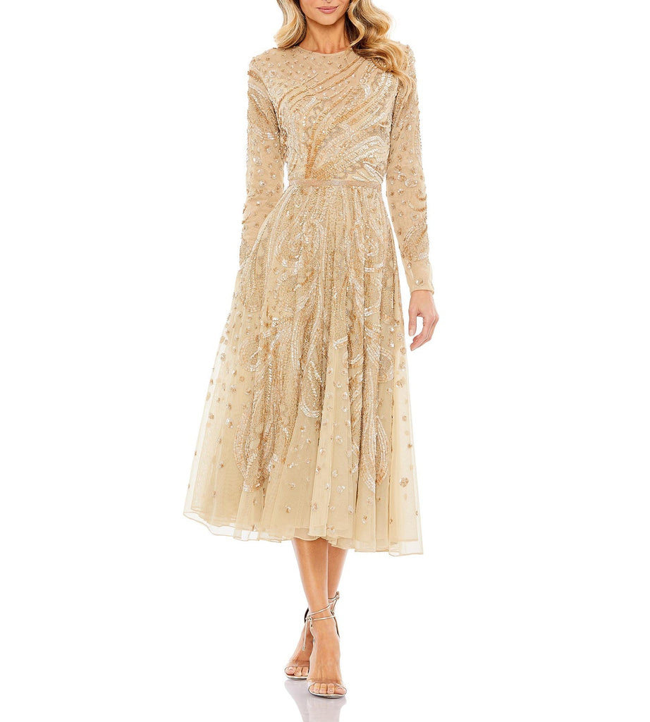 Embellished Illusion High Neck Long Sleeve Dress