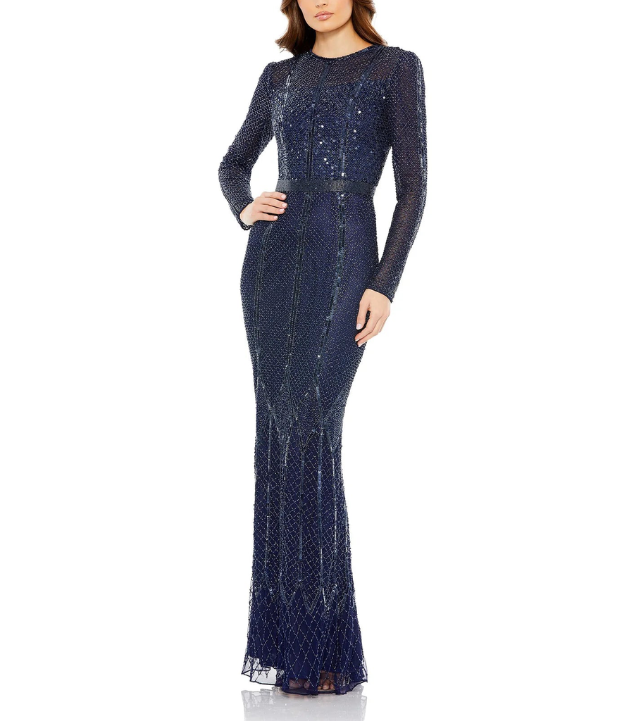 Embellished Illusion Long Sleeve Gown