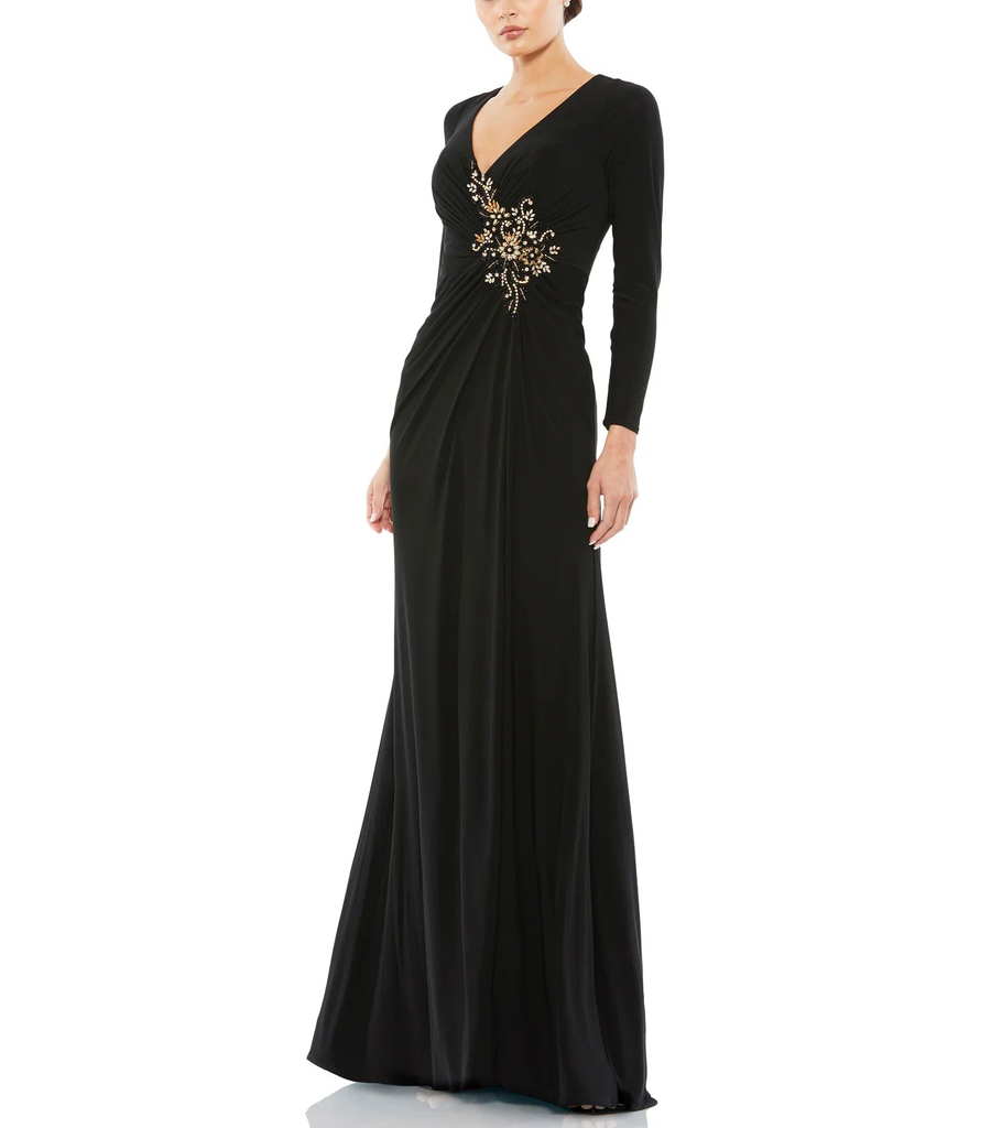Faux Wrap Long Sleeve Gown