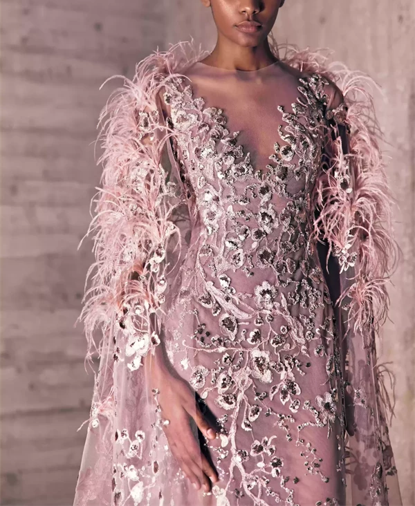 Feather Dotted Embroidered Tulle Blush Pink Dress And Cape