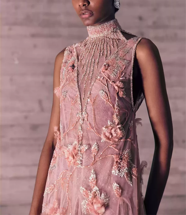 Feather Embroidered Blush Pink Dress With A Lacec Fond De Robe.