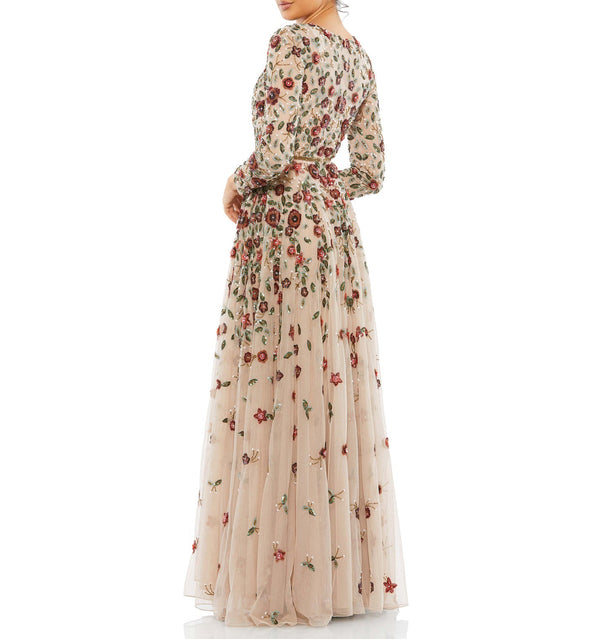 Floral Appliqué Long Sleeve Illusion Gown