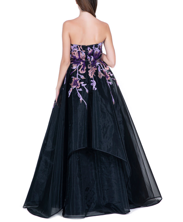 Floral Printed Strapless Embroidered Gown