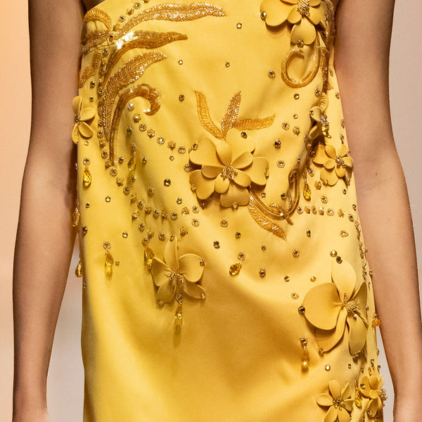 Strapless Gabardine Dress with 3D Flowers & Crystal Embellishments