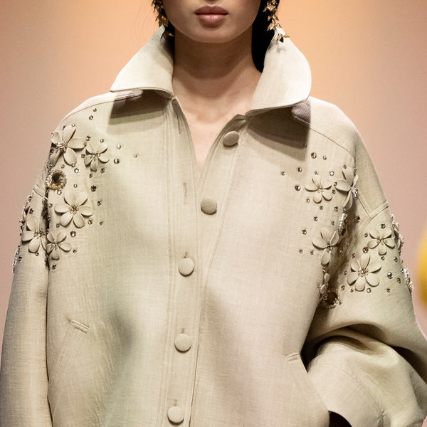 Oversized Gabardine Jacket & Beaded Tulle Skirt Adorned with Resin Acrylics