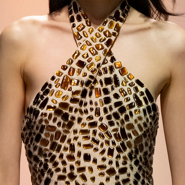 Linen Dress with Beaded Halter Collar & Resin Acrylic Crocodile Texture