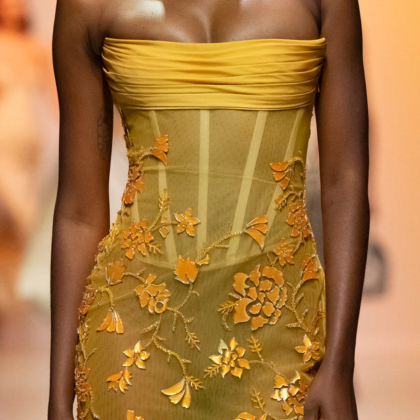 Strapless Beaded Tulle Dress with Georgette Bust & Resin Acrylic Flowers