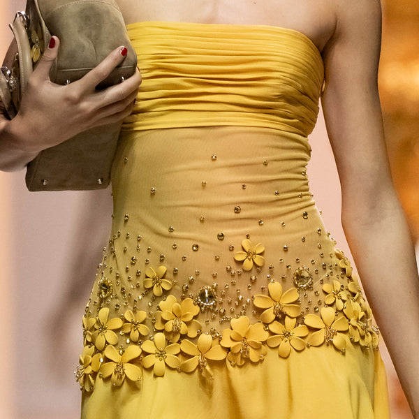 Strapless Georgette Dress with Asymmetrical Skirt & 3D Gabardine Flowers