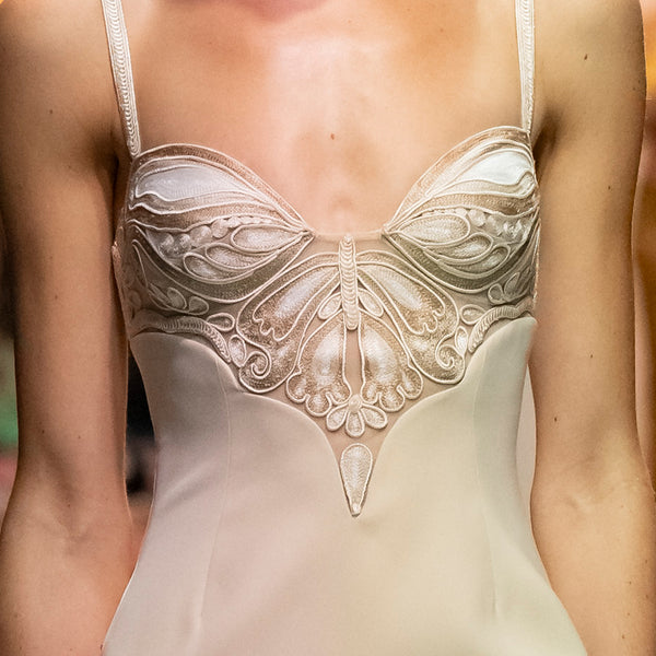Fitted Crepe Dress with Thread-Embroidered Butterfly Motif