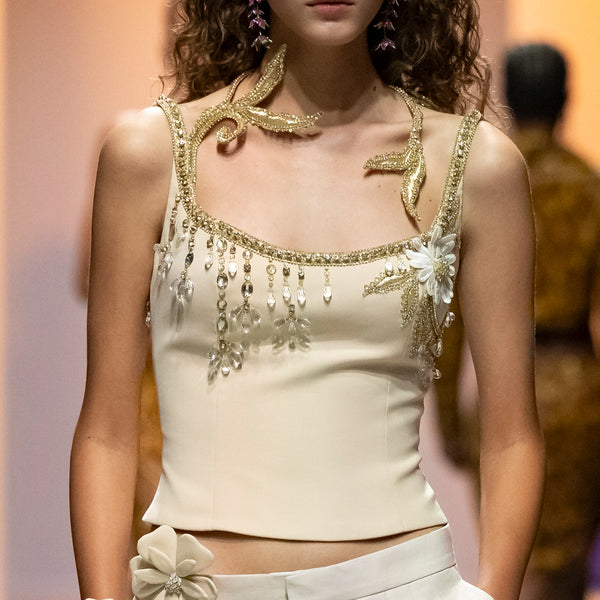 3D Daisy Embroidered Crepe Corset & Pique Pants with Beaded Neckline