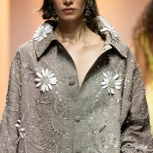 Oversized Beaded Cotton Jacket with Dropped Shoulders