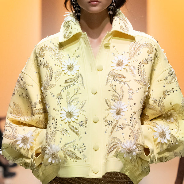 Oversized Beaded Crepe Jacket with Sheer Armored Mesh Skirt