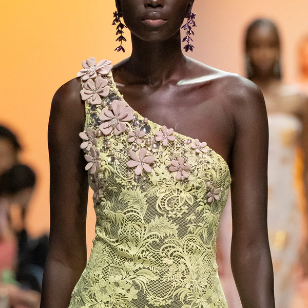 One-Shoulder Lace Dress Exquisitely Embellished with Intricate 3D Gabardine Flowers