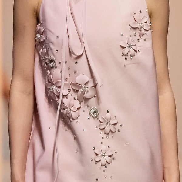 Floral-Adorned Gabardine Dress with Open Back & Adjustable Bow