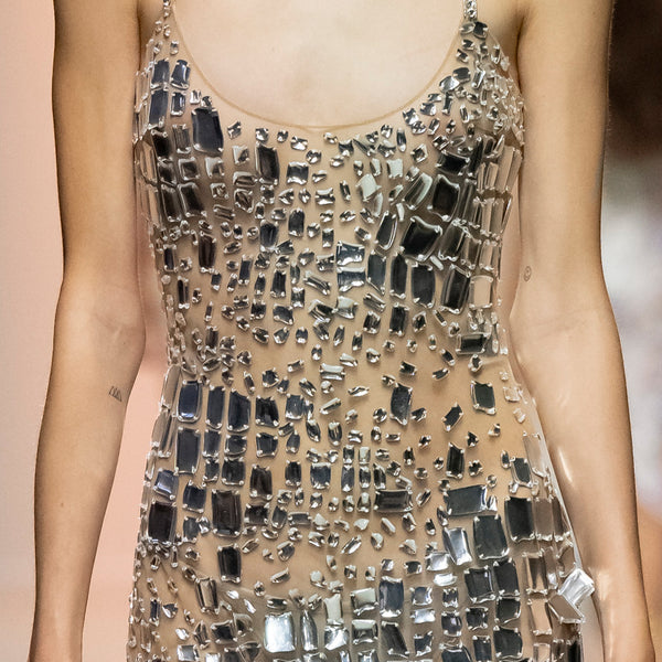 Beaded Tulle Dress Adorned with Mirror Chrome Resin Acrylics for a Mesmerizing Crocodile Texture