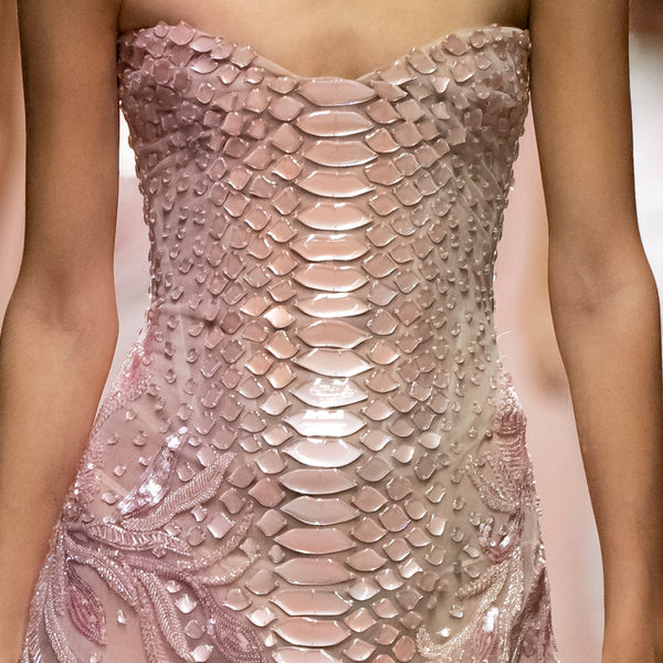 Strapless Beaded Tulle Dress with Resin Acrylic Python Texture & Beaded Flowers