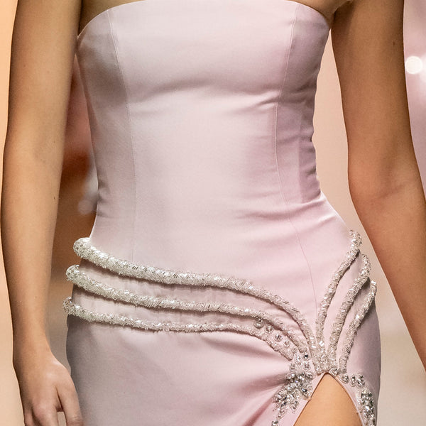 Strapless Gabardine Dress with Crystallized Padded Bands & Dazzling Jeweled Belt