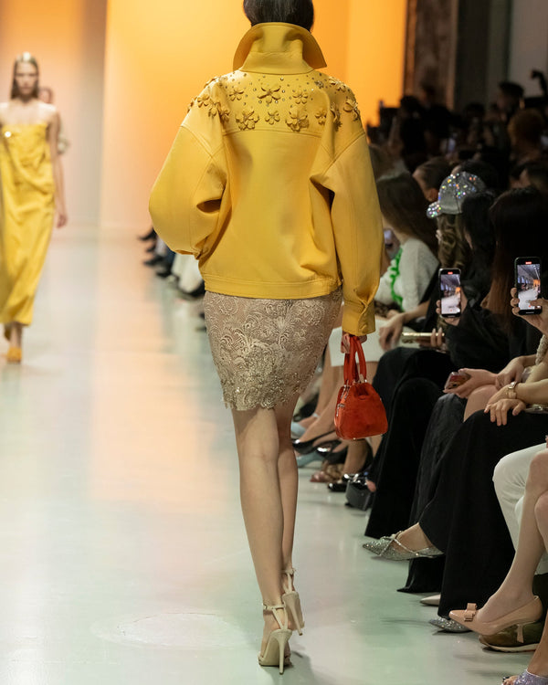 Chic Oversized Gabardine Jacket with Asymmetric Crystallized Lace Skirt