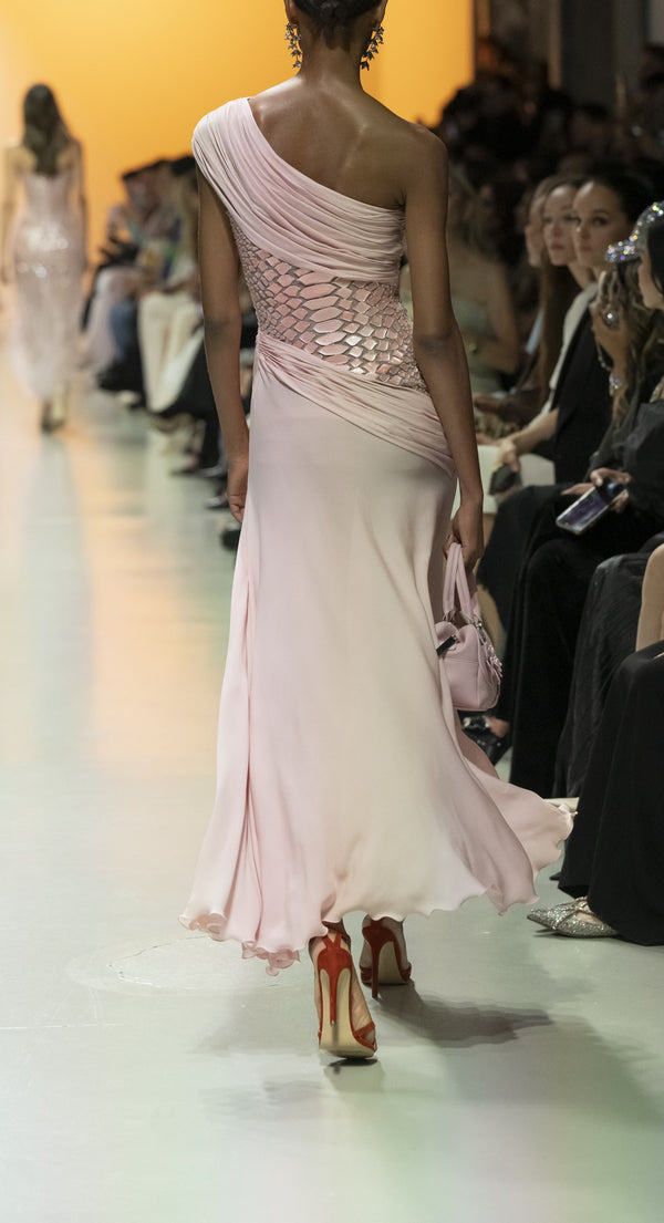 One-Shoulder Georgette Dress with Python Textured Tulle Bodice and Daring Slit
