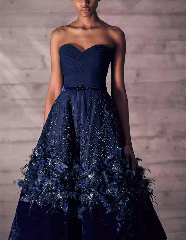 Heart Shaped Wildflowers Embroidered Midnight Blue Tea-Length Dress
