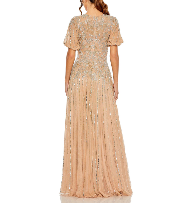 High Neck Puff Sleeve Embellished A Line Gown