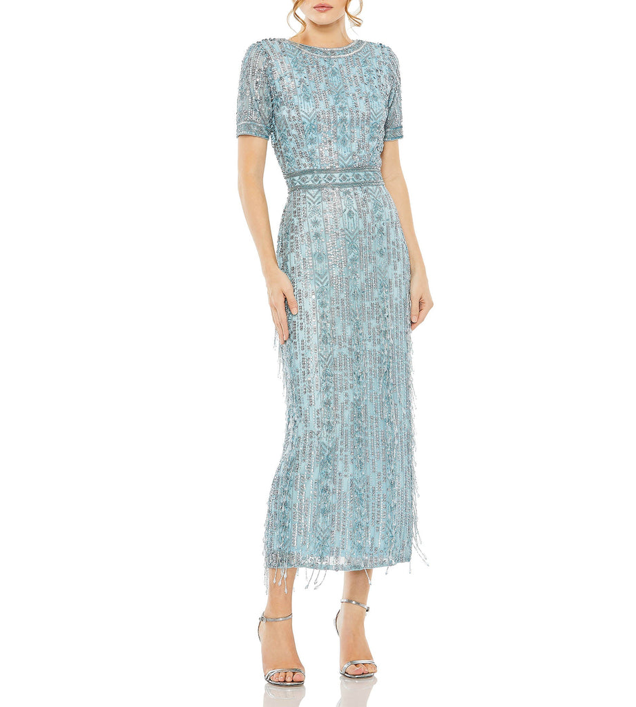 High Neck Short Sleeve Crystal Fringe Column Dress