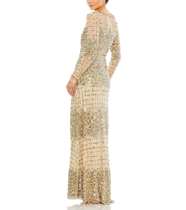 ILLUSION HIGH NECK PARTY WEAR LONG DRESS IN GOLD