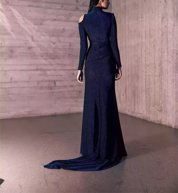 Midnight Blue Jersey Dress With Bejeweled Glittery Embroidered Cutouts.