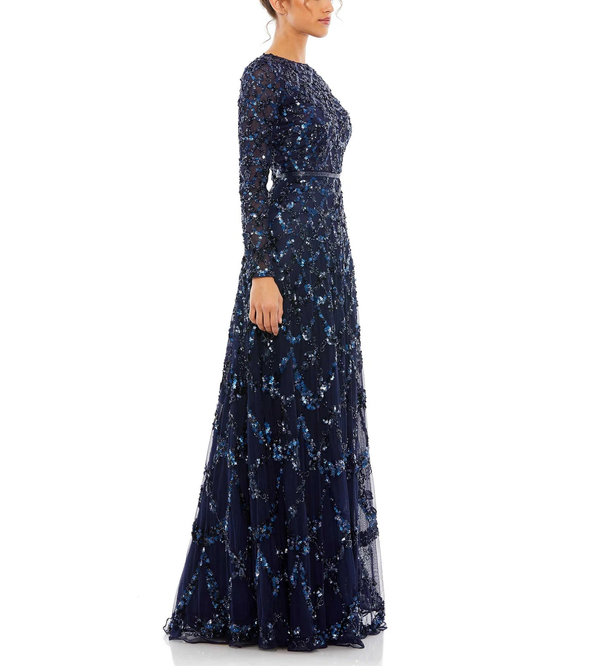 Midnight Embellished Illusion High Neck Long Sleeve A Line Gown