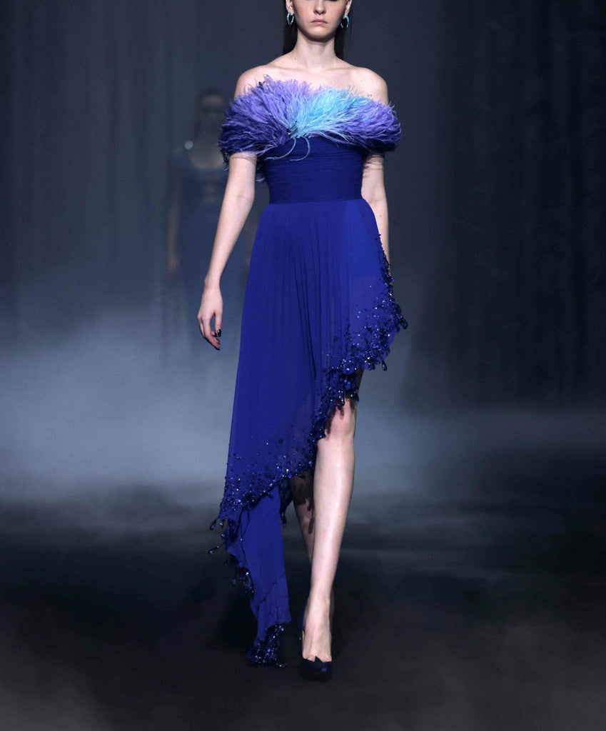 Nervure Georgette Dress With Feathers,
Asymmetrical Beaded Hem
