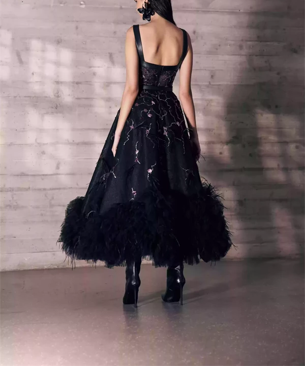 Pure Black Embroidered Tulle Dress
