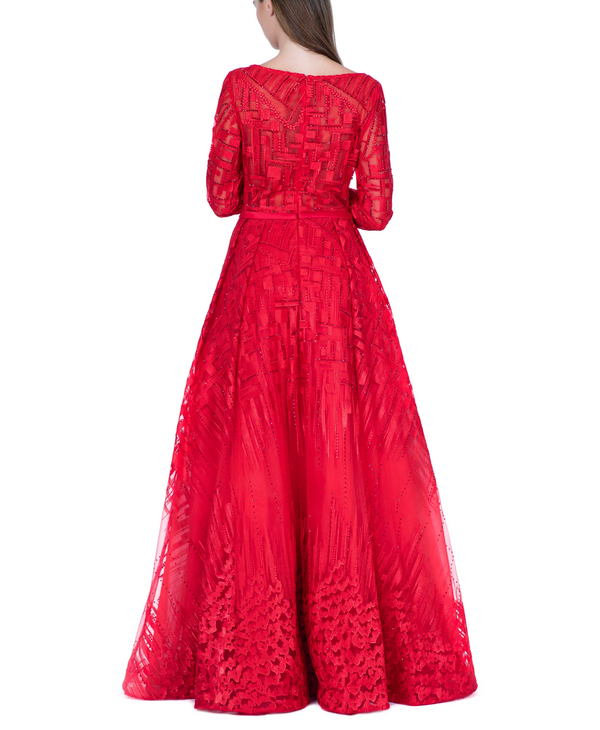 Red Boat Neck Embellished Overall Gown