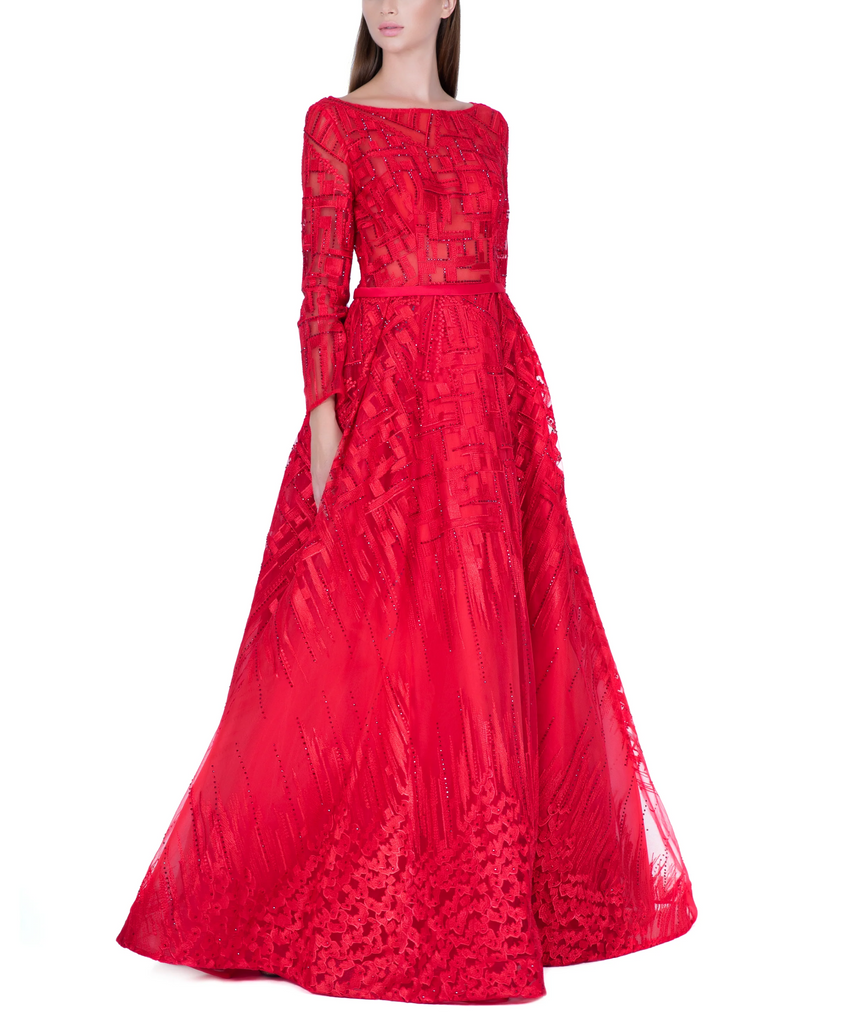 Red Boat Neck Embellished Overall Gown