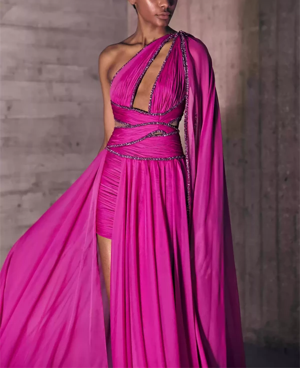 Silk Mousseline Fuchsia Asymmetric Short Dress