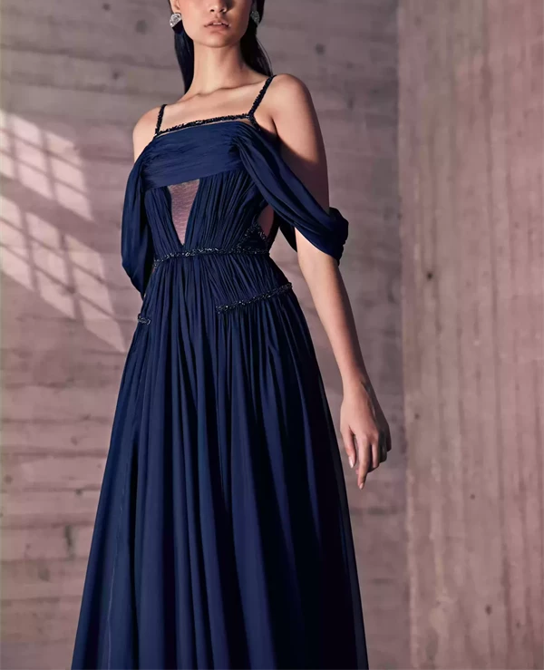 Silk Mousseline Midnight Blue Off Shoulder Dress