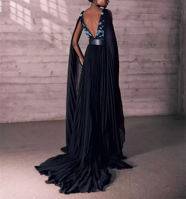 Silk Mousseline Pleated Black Dress With A Play On Transparencies And A Revealing High Slit