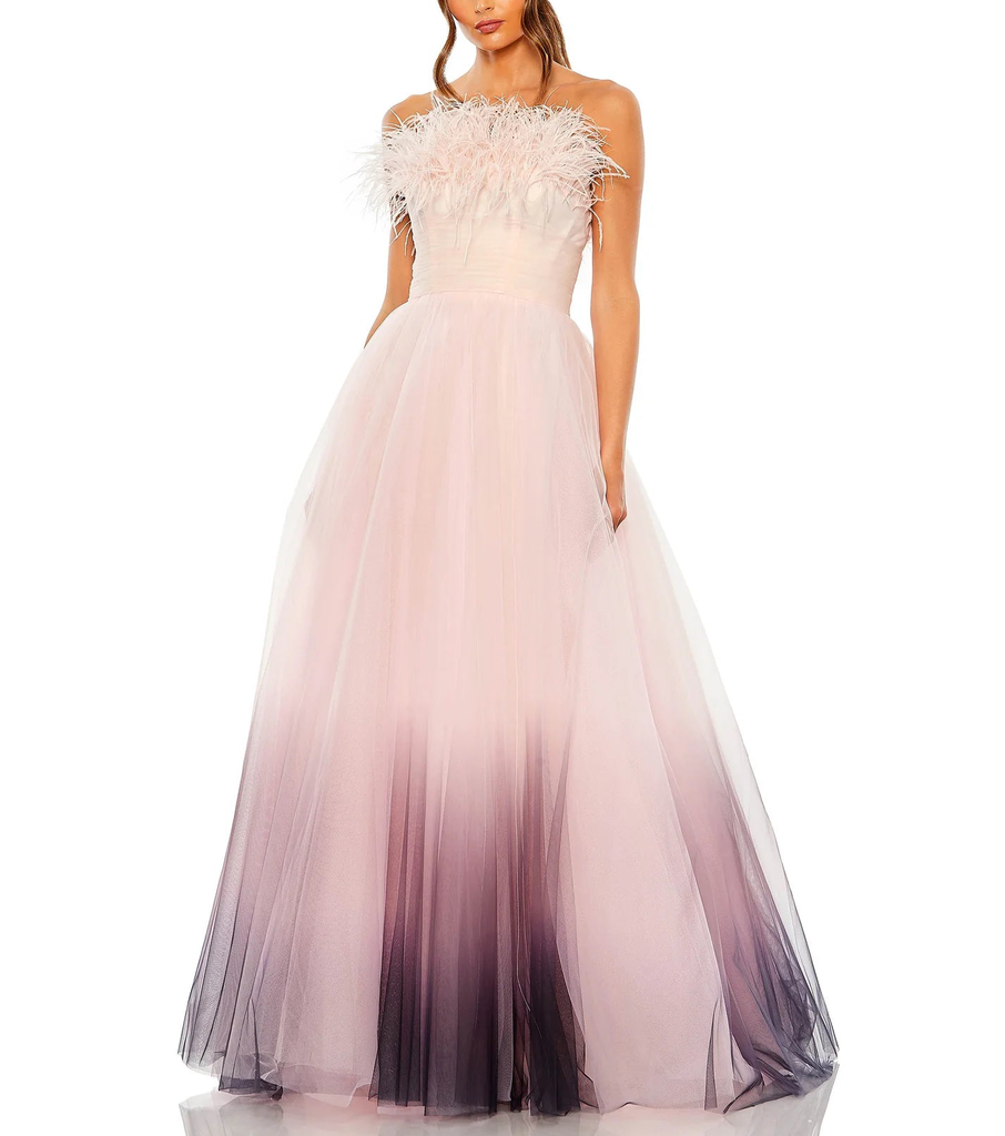 Strapless Feather Bodice Tulle Gown