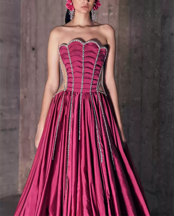 Strapless Petals Taveta Fuchsia Dress